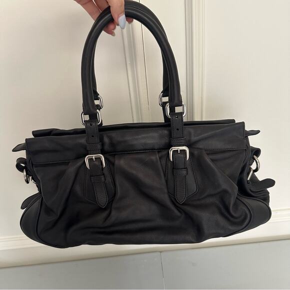 Vintage Prada Black Top Handle Bag Satchel Crossbody Silver Logo Belt Designer - Picture 3 of 16